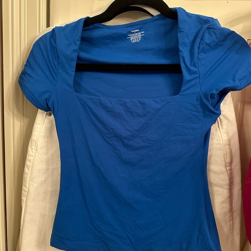Blue Fitted Cap Sleeve Crop Top